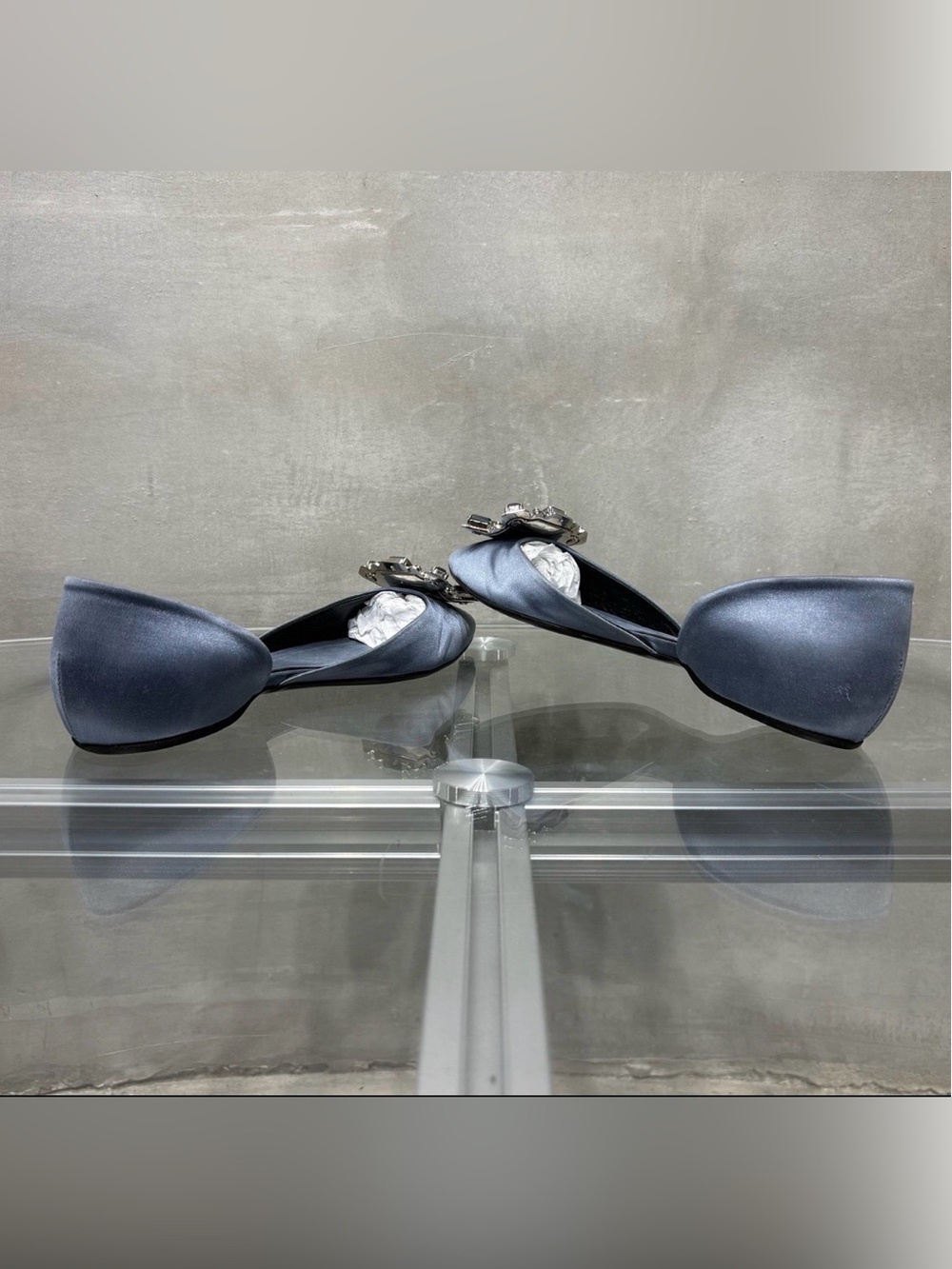 Roger Vivier Navy Satin Pointed D'Orsay Flats with Crystal Buckle - Picture 3 of 8